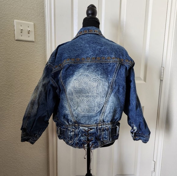 NO! Jeans 80s Aztec Embroidered Lace Up Acid Wash Blue Jean Jacket S VINTAGE - Picture 1 of 16
